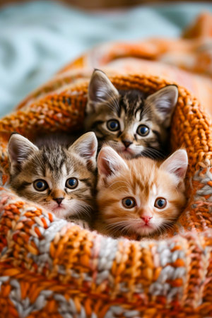 Three kittens sit together in knitted container each with different colored eyes. Generative AI.の素材