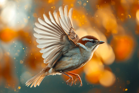 Bird with brown white and gray feathers is captured in flight. Generative AI.の素材