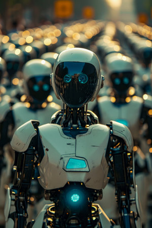 Group of robots with blue eyes stand next to each other. Generative AI.の素材