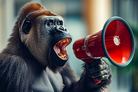 Gorilla is holding red megaphone and appears to be shouting at the top of its lungs. Generative AI.の素材