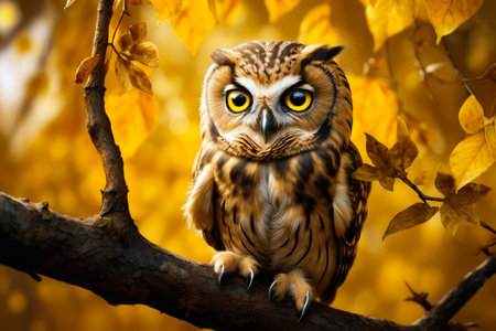 Brown owl with yellow eyes sits on tree branch. Generative AI.の素材