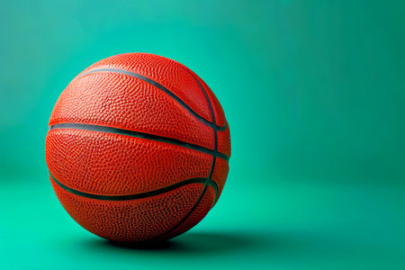 Basketball sits on green background emphasizing its red and white colors. Generative AI.の素材