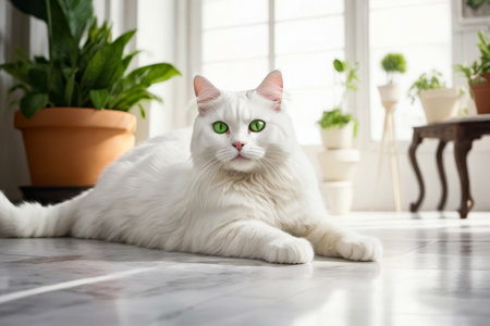 White cat with green eyes sits on marble floor near potted plant. Generative AI.の素材