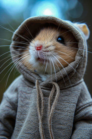 Hamster wearing gray hoodie with white nose and whiskers. Generative AI.の素材