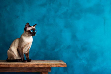 Siamese cat with blue eyes sitting on wooden table in front of blue wall. Generative AI.の素材