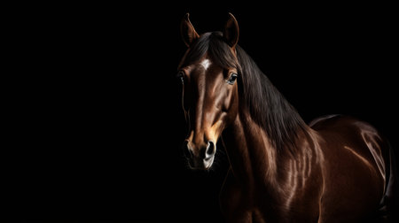 Close up of horse's head with dark background that accentuates the horse's features. Generative AI.の素材