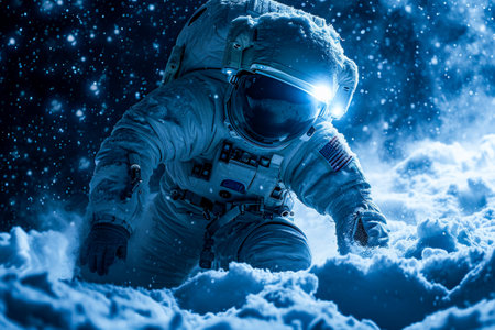 Astronaut is floating in blue snowy environment wearing white suit and helmet. Generative AI.の素材