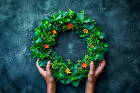 Hand is holding wreath made of green leaves and small flowers. Generative AI.の素材