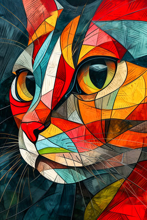 Colorful painting of cat's face with yellow and red background. Generative AI.の素材