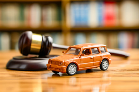 Toy car is sitting on table next to gavel. Generative AI.の素材