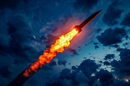 Rocket is flying through cloudy sky with fluffy white clouds surrounding it. Generative AI.の素材