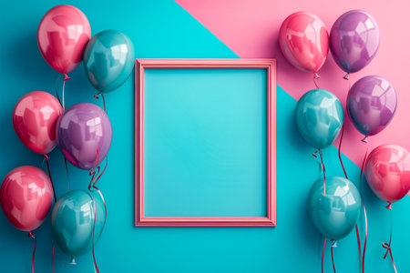 Pink blue and green balloons decorate room surrounding frame that is currently empty. Generative AI.の素材