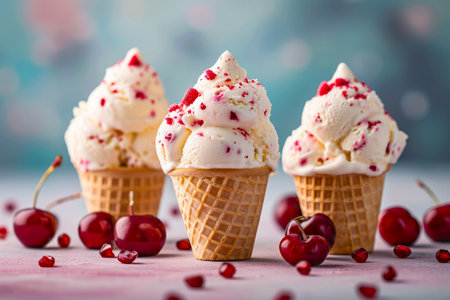 Three scoops of ice cream with red topping served in cone. Generative AI.の素材