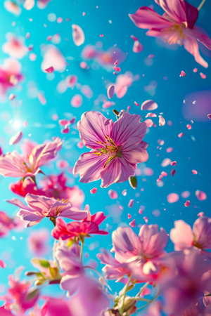 Blue background with pink and white flowers that are in motion creating blurry effect. Generative AI.の素材