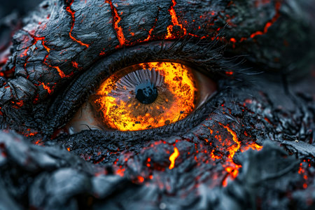 Close up of yellow and black eye with red lava-like background. Generative AI.の素材