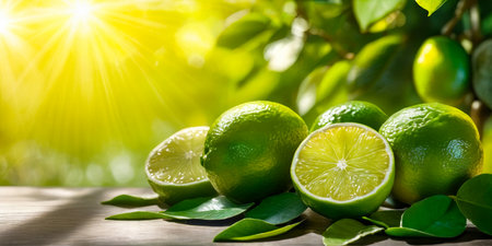 Group of four limes are displayed on wooden table with bright sunlight shining down upon them. Generative AI.の素材