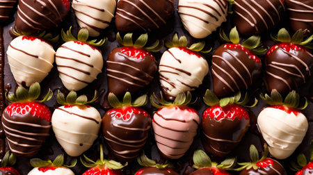 Group of chocolate covered strawberries with small white stripe down the center of each strawberry. Generative AI.の素材