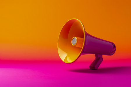 Large orange glass megaphone with gold speaker on it. Generative AI.の素材