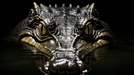 Close up of crocodile's face showing its large eyes and long snout. Generative AI.の素材