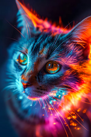 Cat with glowing eyes sits in blue and purple light field. Generative AI.の素材