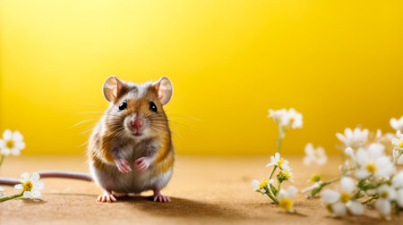 Small yellow and white hamster stands next to tiny flower. Generative AI.の素材