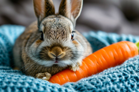 Cute little bunny rabbit with carrot. Generative AI.の素材