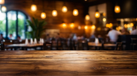 Empty restaurant with wooden tables and chairs. Generative AI.の素材