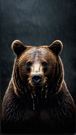 Close up of bear with dripping rain off its face and body. Generative AI.の素材