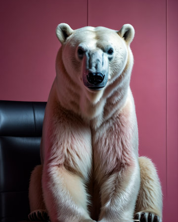 Polar bear is sitting in chair that is placed in front of pink background. Generative AI.の素材