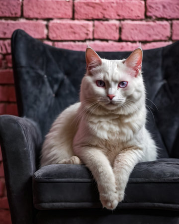 White cat sits on black chair staring at the camera with piercing blue eyes. Generative AI.の素材