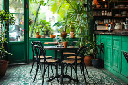 Restaurant with green walls has several small tables and chairs set up for customers to enjoy their meals in a pleasant atmosphere. Generative AI.の素材