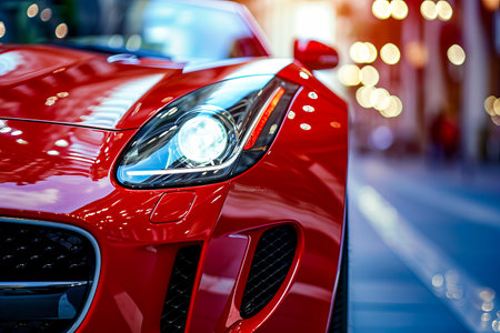 Red sports car with nice shiny grill and headlights. Generative AI.の素材