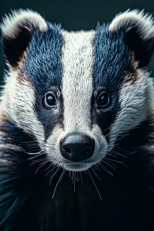 Close up of badgers face focusing on their nose and eyes. Generative AI.の素材