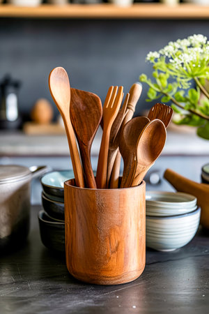 Wooden container holding several spoons and fork. Generative AI.の素材