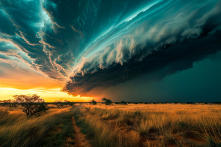 Storm front with dark clouds looms over field of grain as the sun sets creating apocalyptic looking sky. Generative AI.の素材