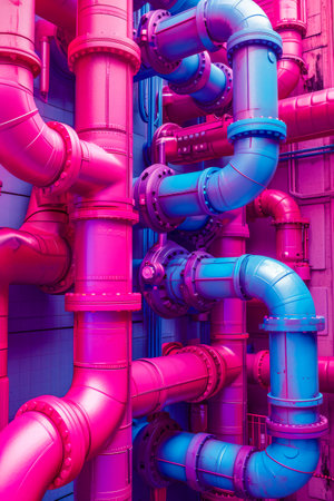 Colorful pipe system with pink blue and purple pipes is shown. Generative AI.の素材