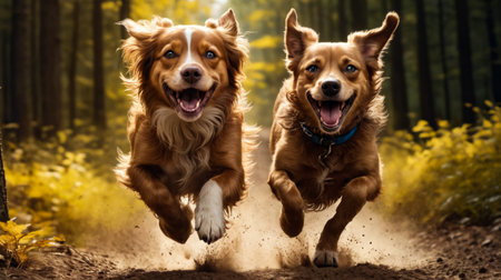 Two brown dogs with big smiles and bright eyes run together through field of dirt grass and leaves. Generative AI.の素材