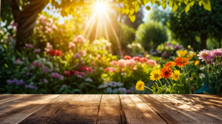 Wooden bench is surrounded by lot of flowers making it look like flower bed. Generative AI.の素材
