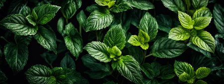 Green plant with leaves that are shiny and serrated edge it is close up of mint leaf. Generative AI.の素材