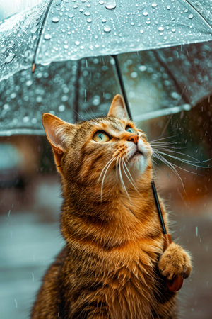 Cat with umbrella looking up at the raindrops on the umbrellas canopy. Generative AI.の素材