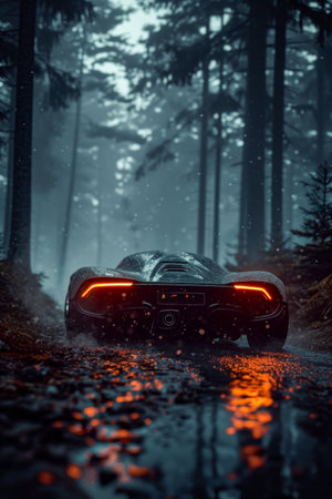 Black car with red lights in forest on snowy night. Generative AI.の素材