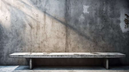 Bench is sitting against cement wall in empty room with no other furniture or decorations. Generative AI.の素材
