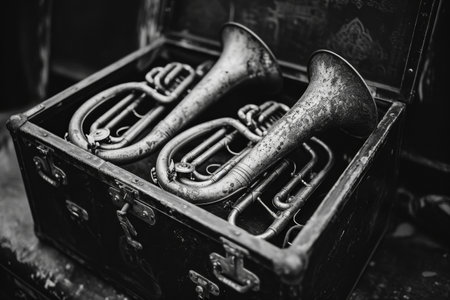 Old dirty case holds two tarnished old-fashioned trumpets. Generative AI.の素材