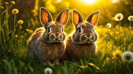 Two rabbits sit in the grass at sunset. Generative AI.の素材