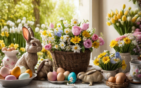 Basket full of flowers sits next to bowl of eggs and rabbit figurine creating Easter themed scene. Generative AI.の素材