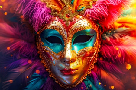 Mask with colorful and detailed design is being worn on someone's face. Generative AI.の素材