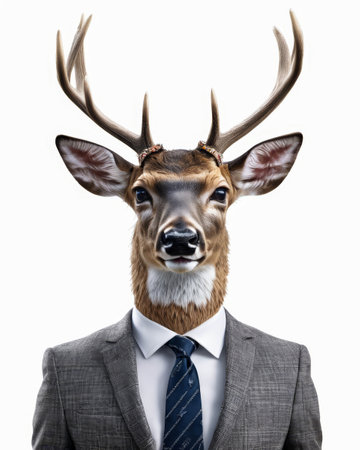 Man in suit with deer antlers on his head. Generative AI.の素材