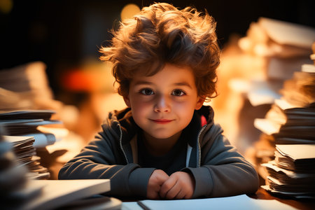 Young boy sitting at table with book and pen. Generative AI.の素材