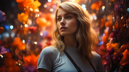 Woman with shoulder bag looking away from the camera with blurry background. Generative AI.の素材