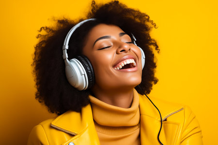 Woman wearing headphones and smiling with her eyes closed and her hair in bun. Generative AI.の素材